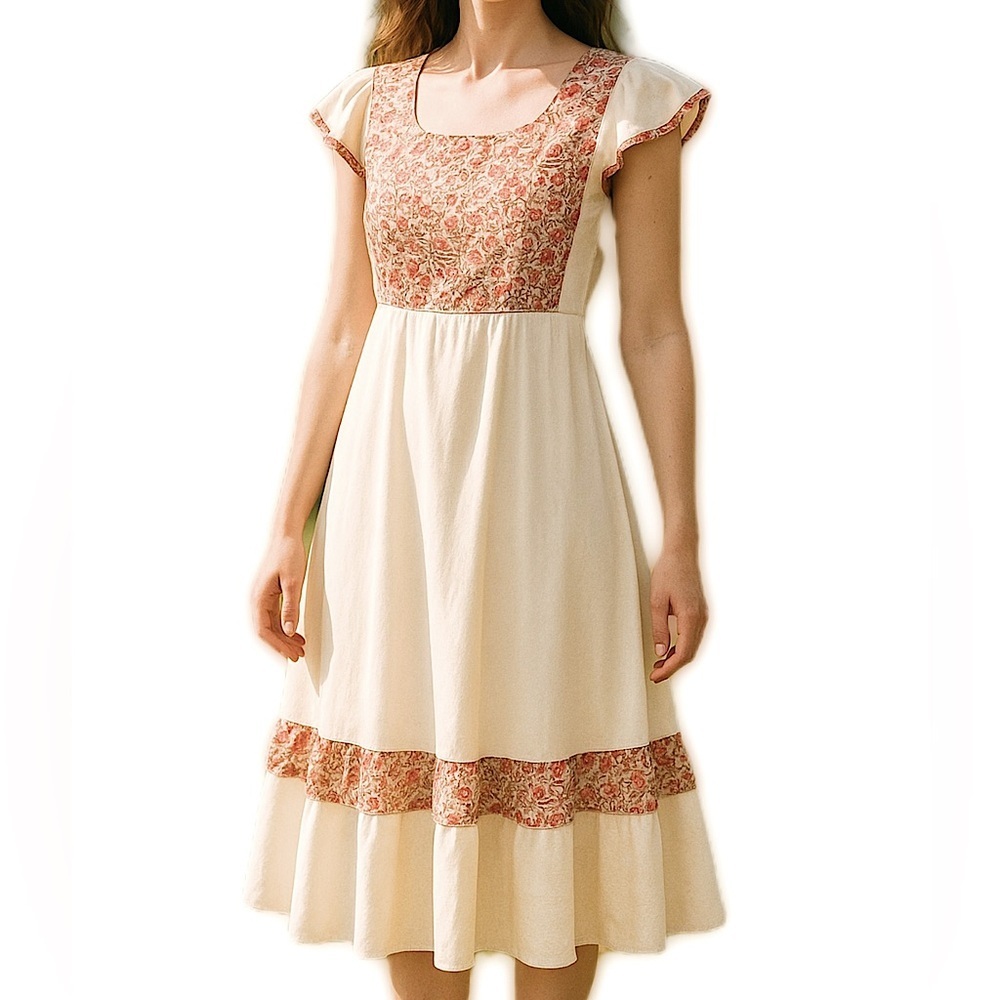 Vintage 70’s Peasant Dress Floral Cream w. Flutter Sleeves Prairie Western M